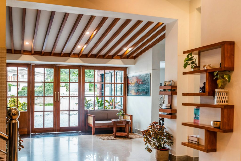 living room with a wood ceiling