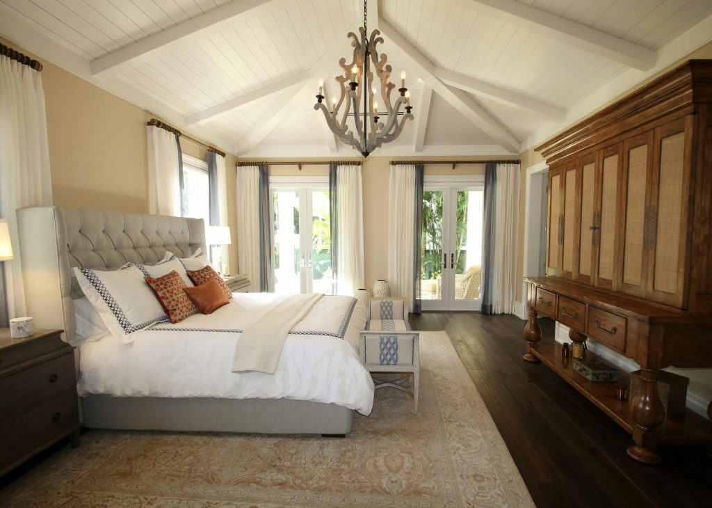bedroom with a white barn wood ceiling